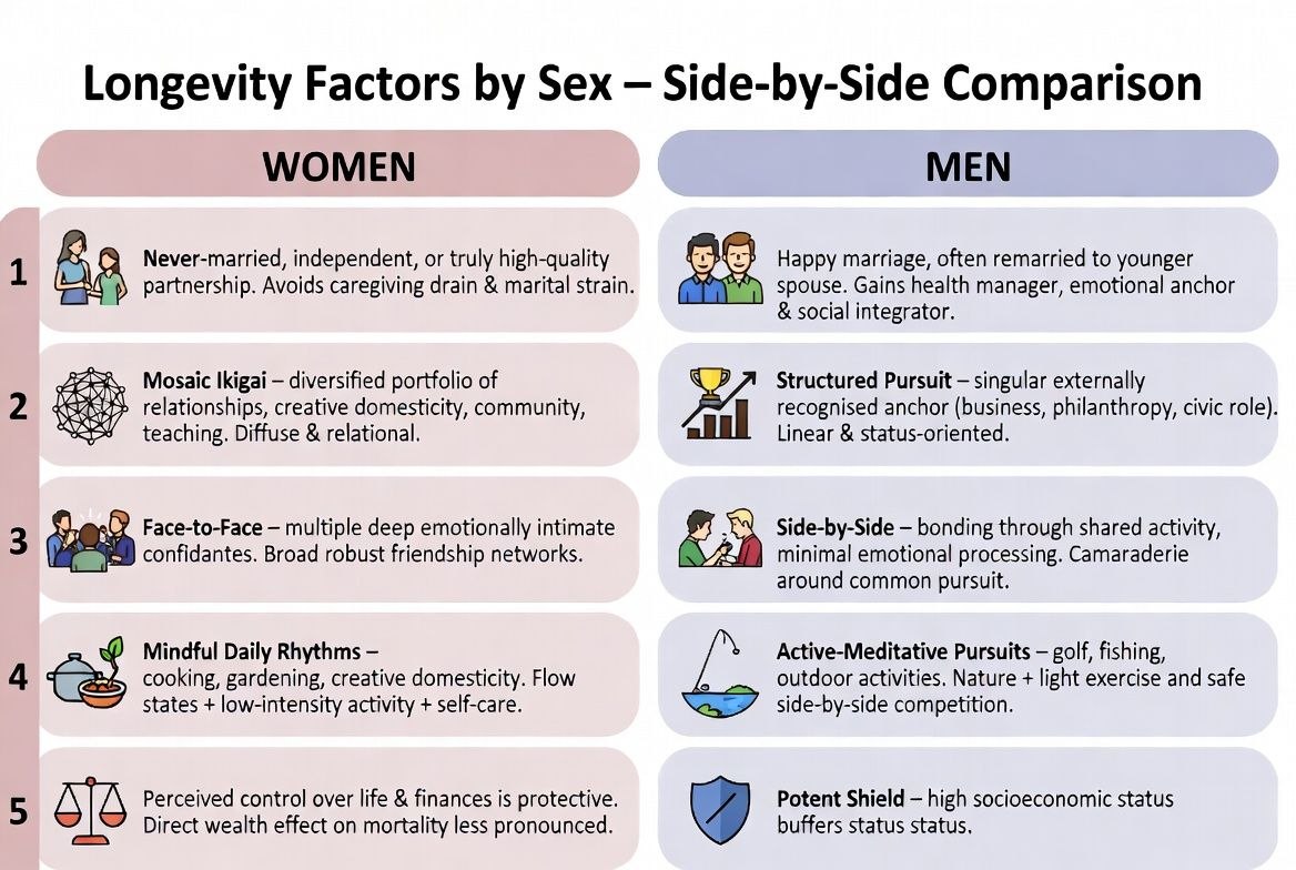 Longevity factors by sex — side-by-side comparison